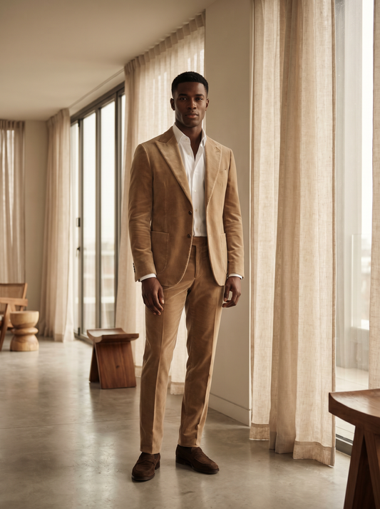Desert Sand Velvet Suit — Custom Made to Measure - front view
