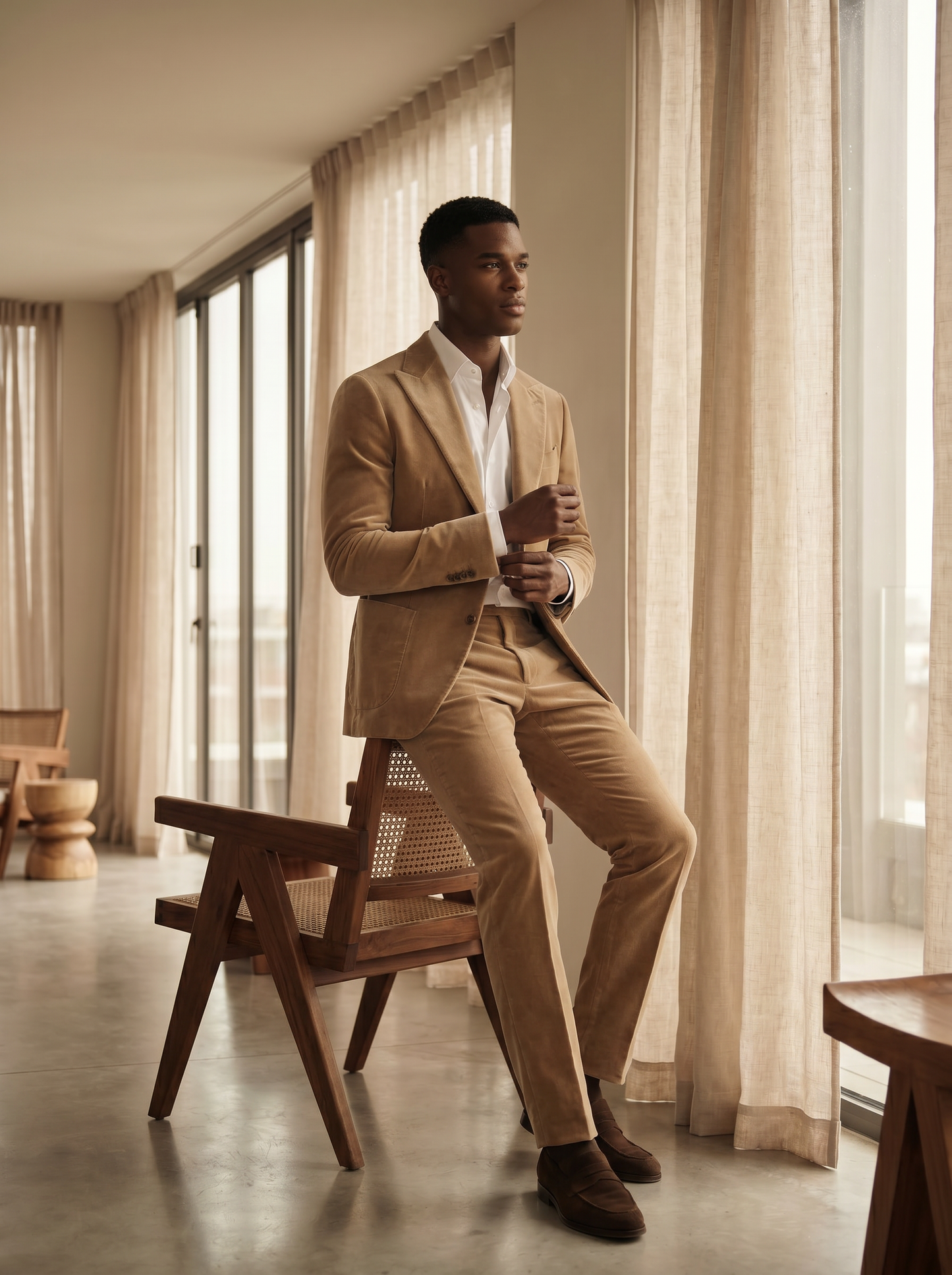Desert Sand Velvet Suit — Custom Made to Measure - seated view