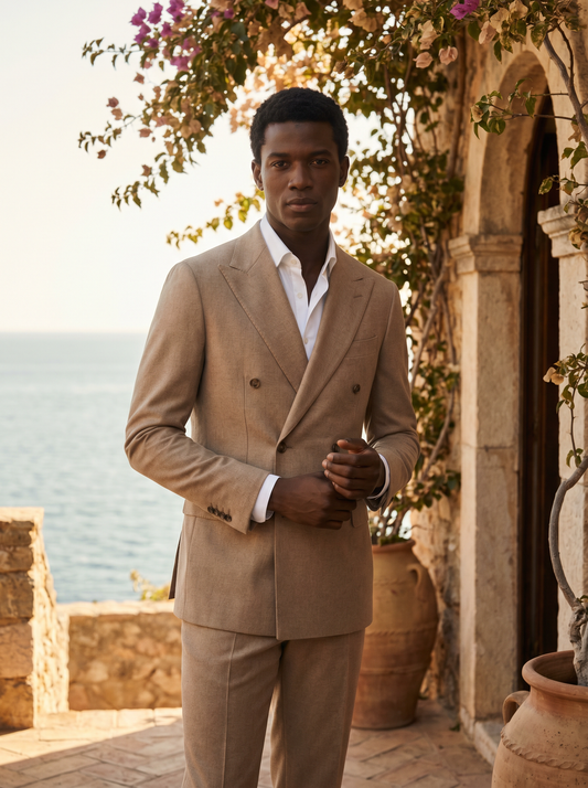 Desert Sand Wool Double Breasted Suit — Custom Made to Measure - front view