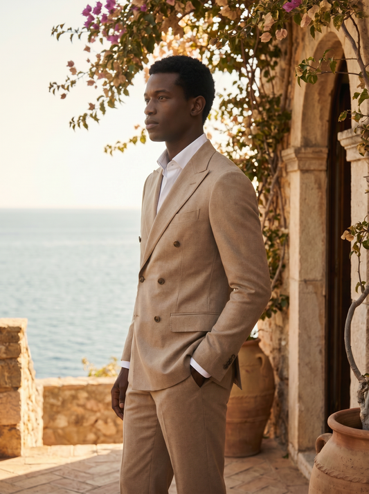 Desert Sand Wool Double Breasted Suit — Custom Made to Measure - side view