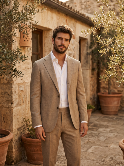 Desert Sand Wool Groomsmen Suit — Custom Made to Measure - front view