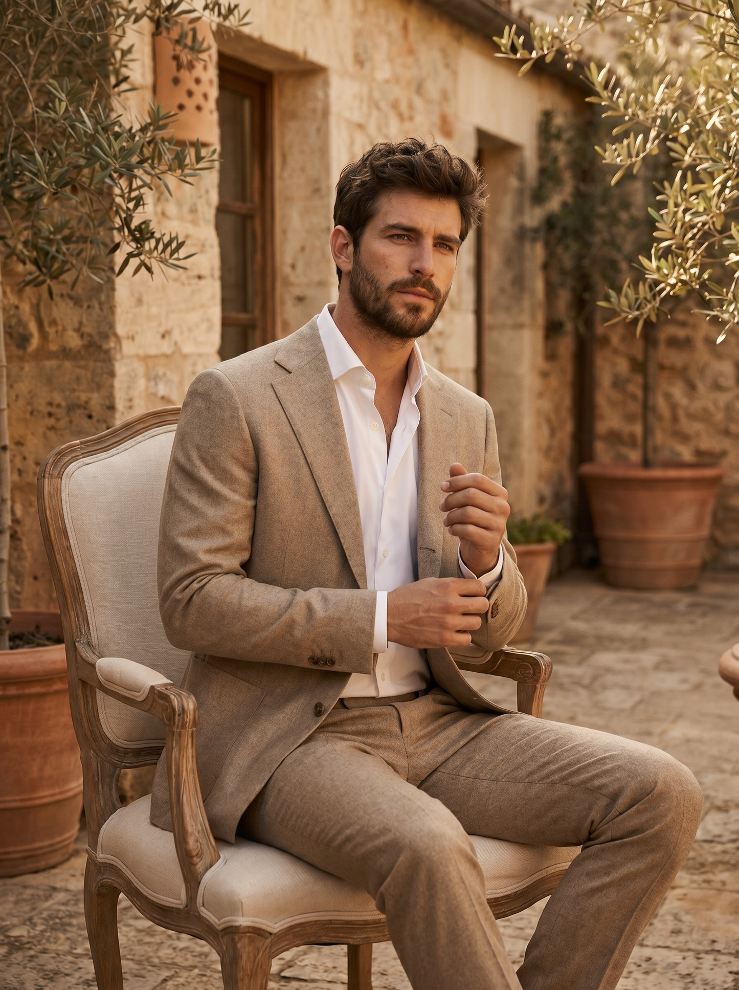 Desert Sand Wool Groomsmen Suit — Custom Made to Measure - seated view