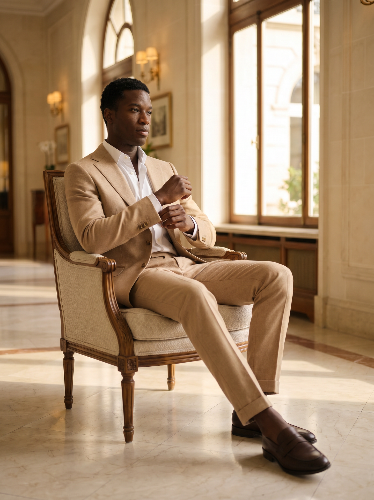 Desert Sand Wool Suit — Custom Made to Measure - seated view