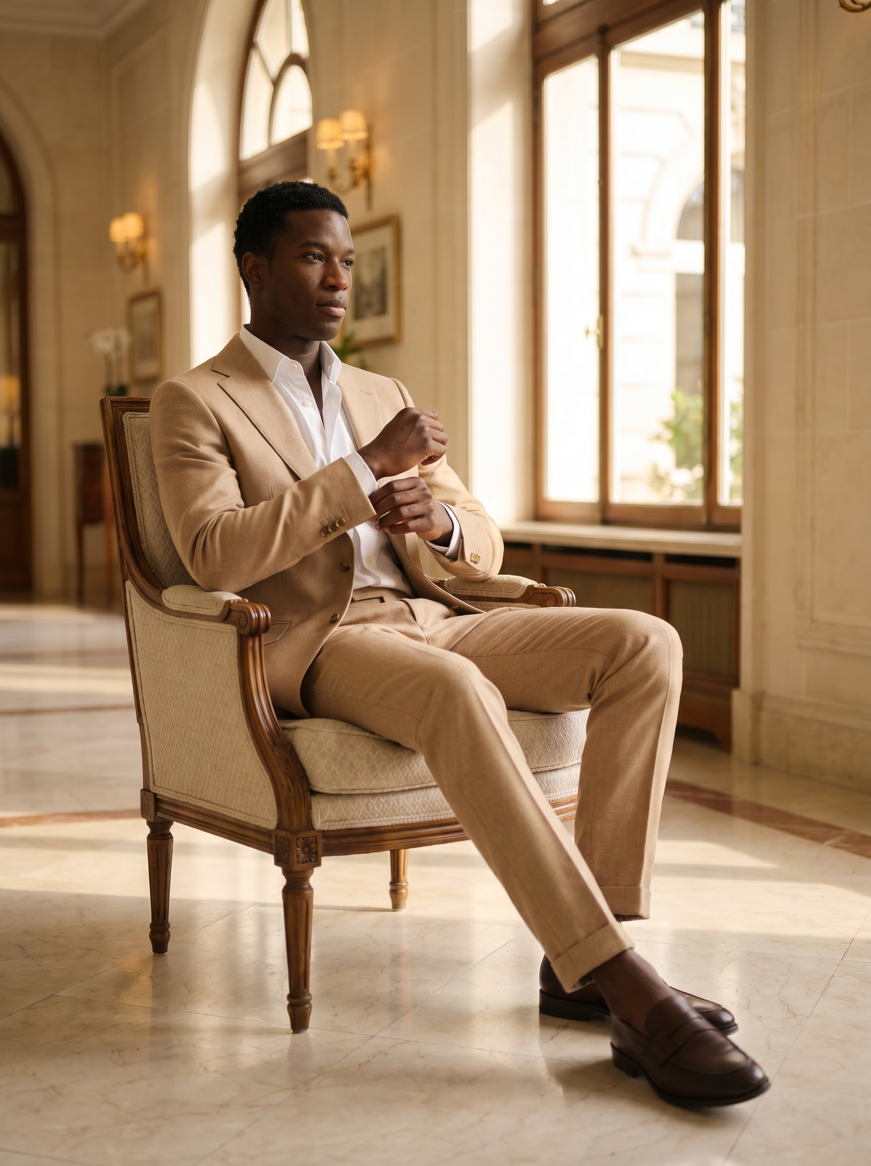 Desert Sand Wool Suit — Custom Made to Measure - seated view