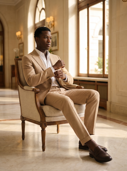 Desert Sand Wool Suit — Custom Made to Measure - seated view