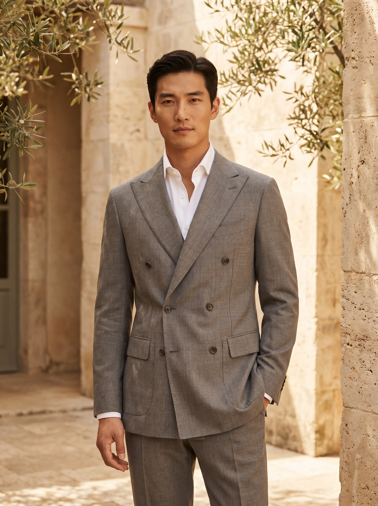 Dove Gray Cotton Double Breasted Suit — Custom Made to Measure - front view