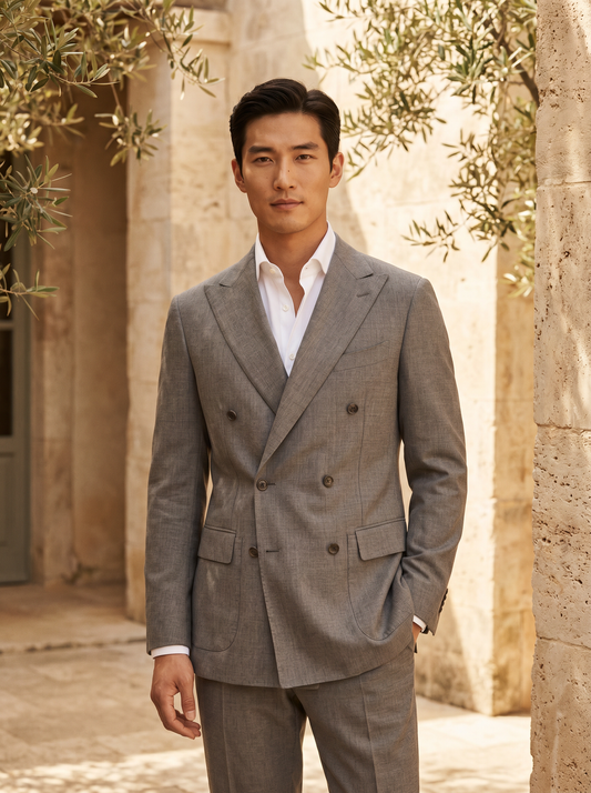Dove Gray Cotton Double Breasted Suit — Custom Made to Measure - front view
