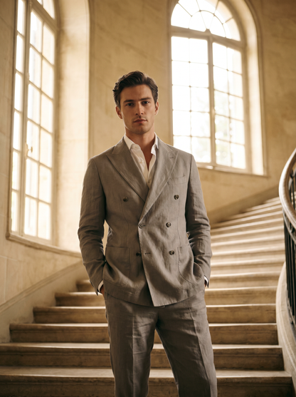 Dove Gray Linen Double Breasted Suit — Custom Made to Measure - front view