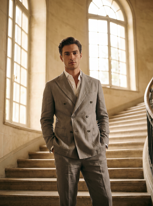 Dove Gray Linen Double Breasted Suit — Custom Made to Measure - front view