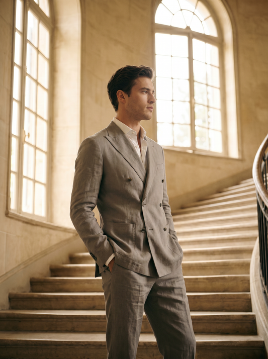Dove Gray Linen Double Breasted Suit — Custom Made to Measure - side view