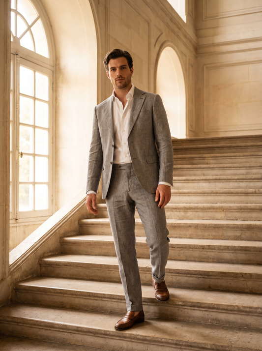 Dove Gray Linen Groomsmen Suit — Custom Made to Measure - front view