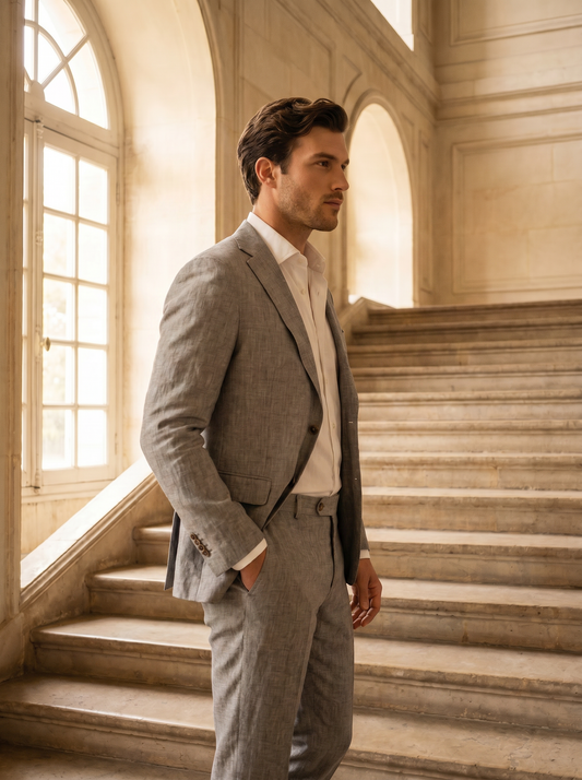 Dove Gray Linen Groomsmen Suit — Custom Made to Measure - side view