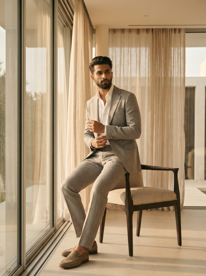 Dove Gray Linen Suit — Custom Made to Measure - seated view