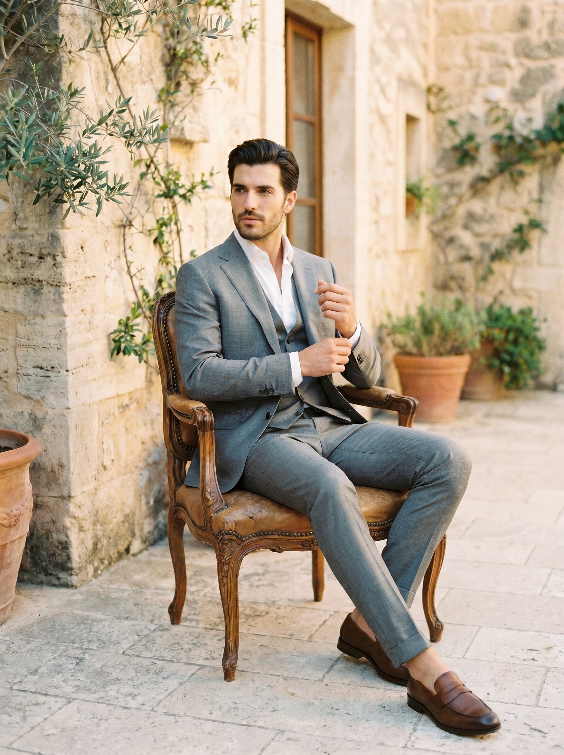 Dove Gray Silk Blend 3-Piece Suit — Custom Made to Measure - seated view