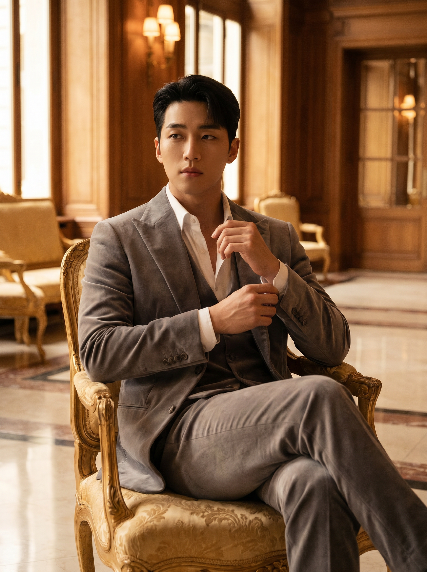Dove Gray Velvet 3-Piece Suit — Custom Made to Measure - seated view