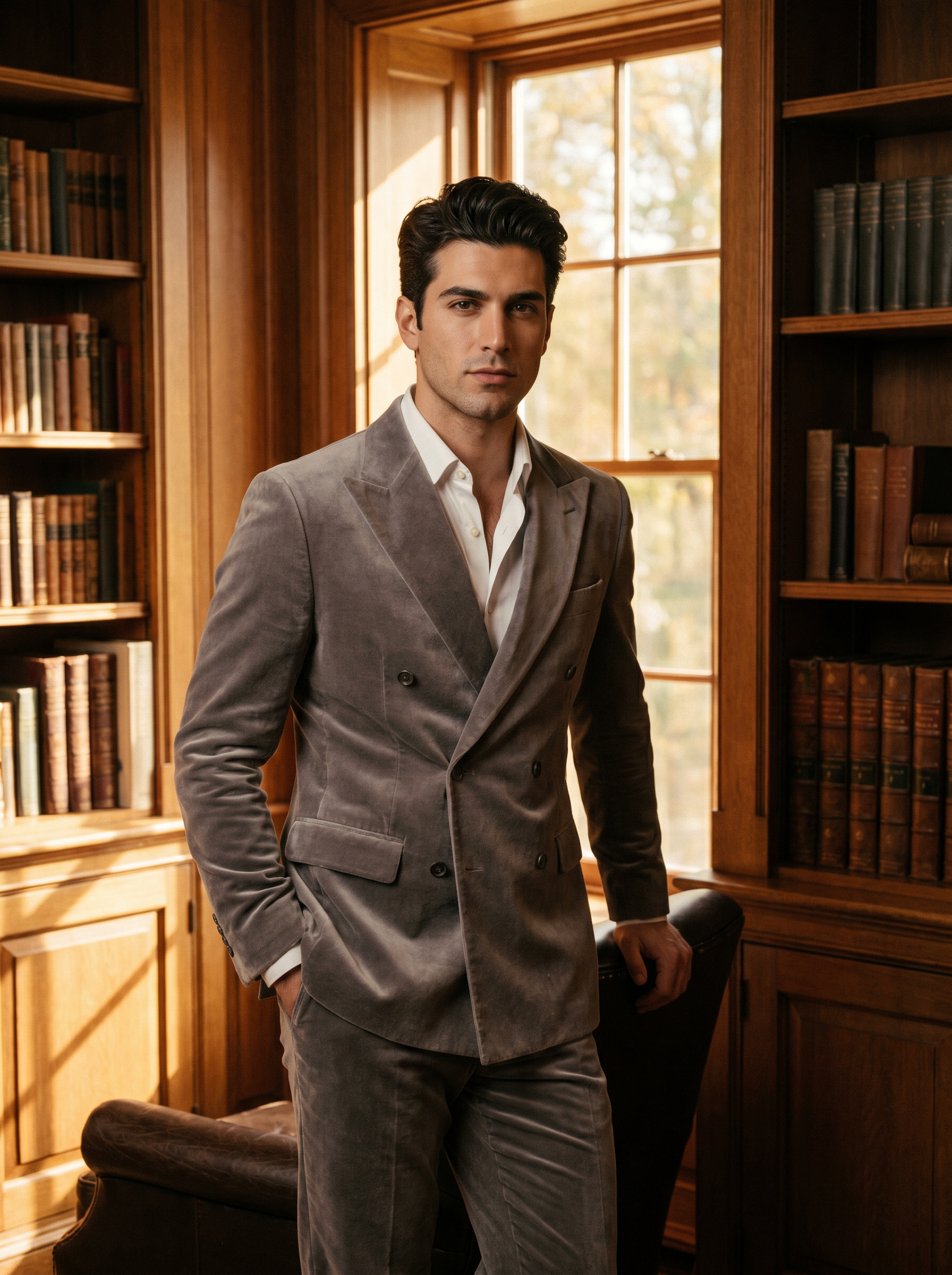 Dove Gray Velvet Double Breasted Suit — Custom Made to Measure - front view