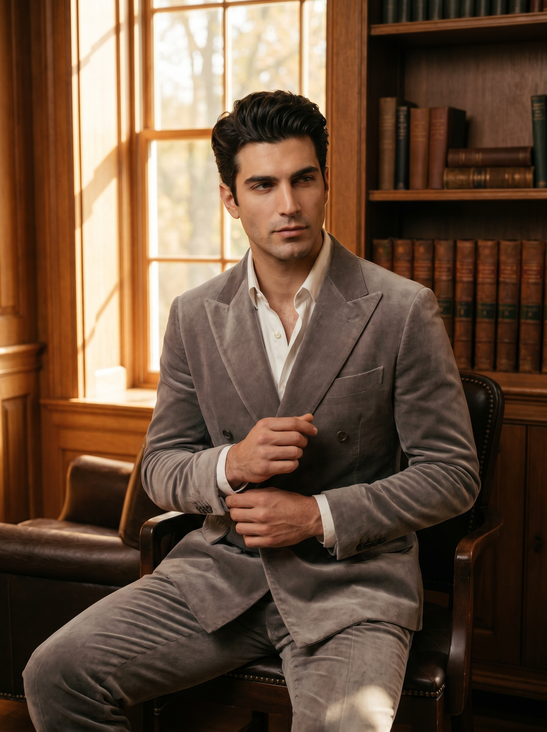 Dove Gray Velvet Double Breasted Suit — Custom Made to Measure - seated view