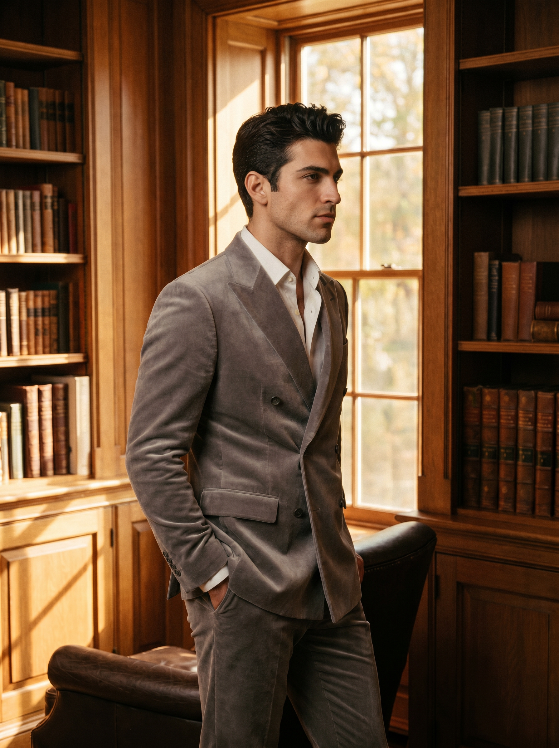 Dove Gray Velvet Double Breasted Suit — Custom Made to Measure - side view