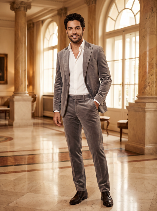 Dove Gray Velvet Groomsmen Suit — Custom Made to Measure - front view