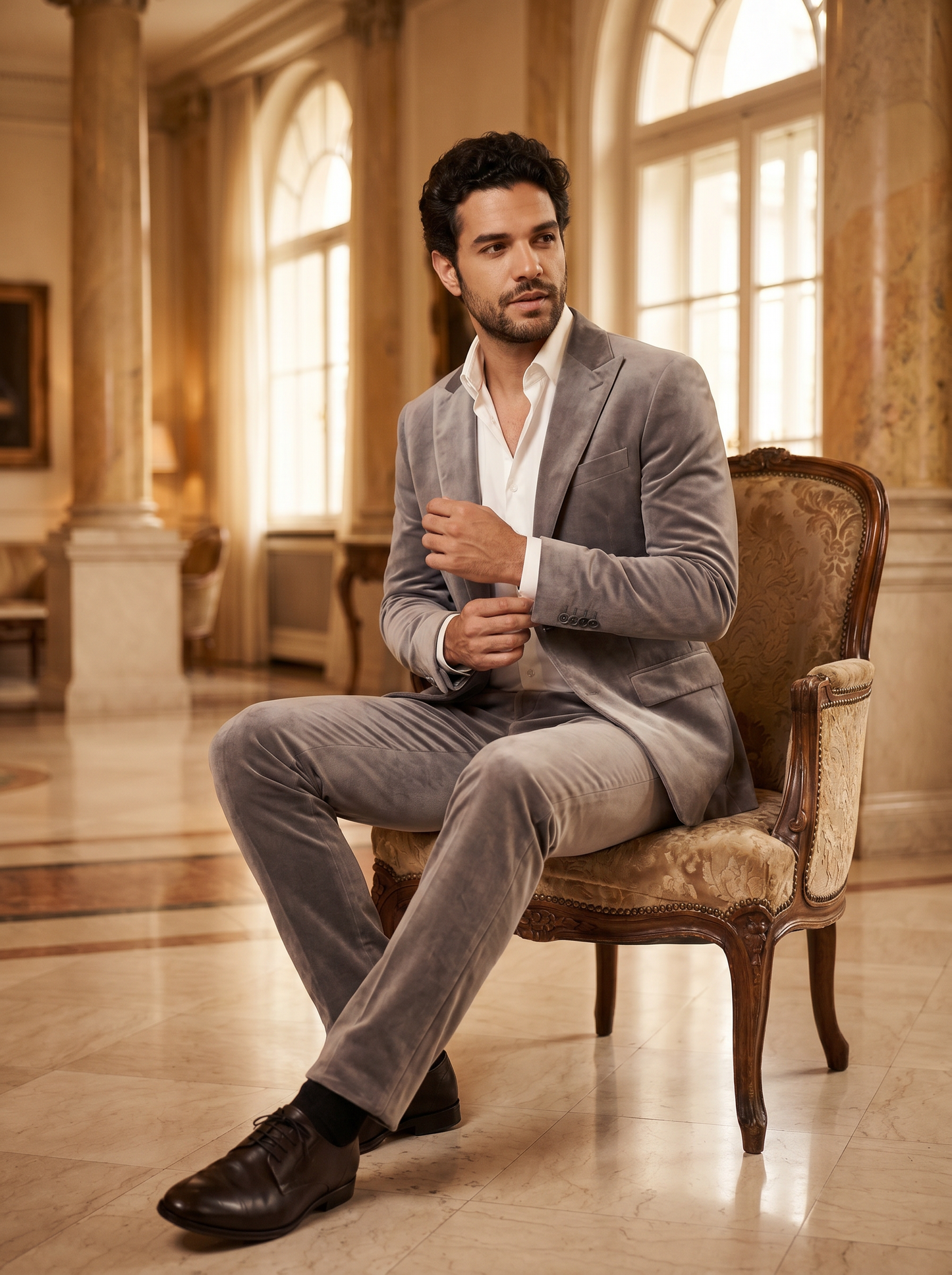 Dove Gray Velvet Groomsmen Suit — Custom Made to Measure - seated view