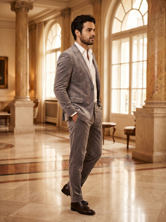Dove Gray Velvet Groomsmen Suit — Custom Made to Measure - side view