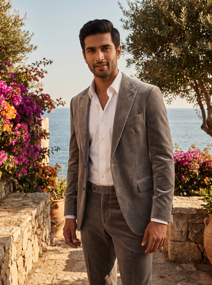 Dove Gray Velvet Suit — Custom Made to Measure - front view