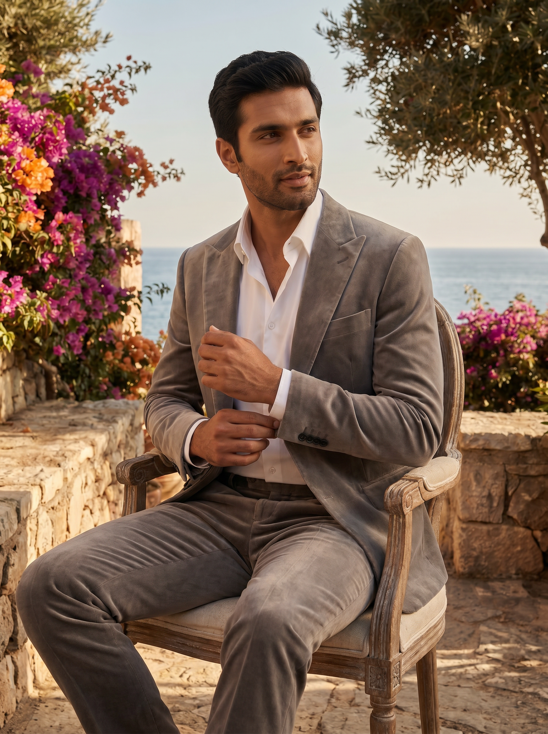 Dove Gray Velvet Suit — Custom Made to Measure - seated view