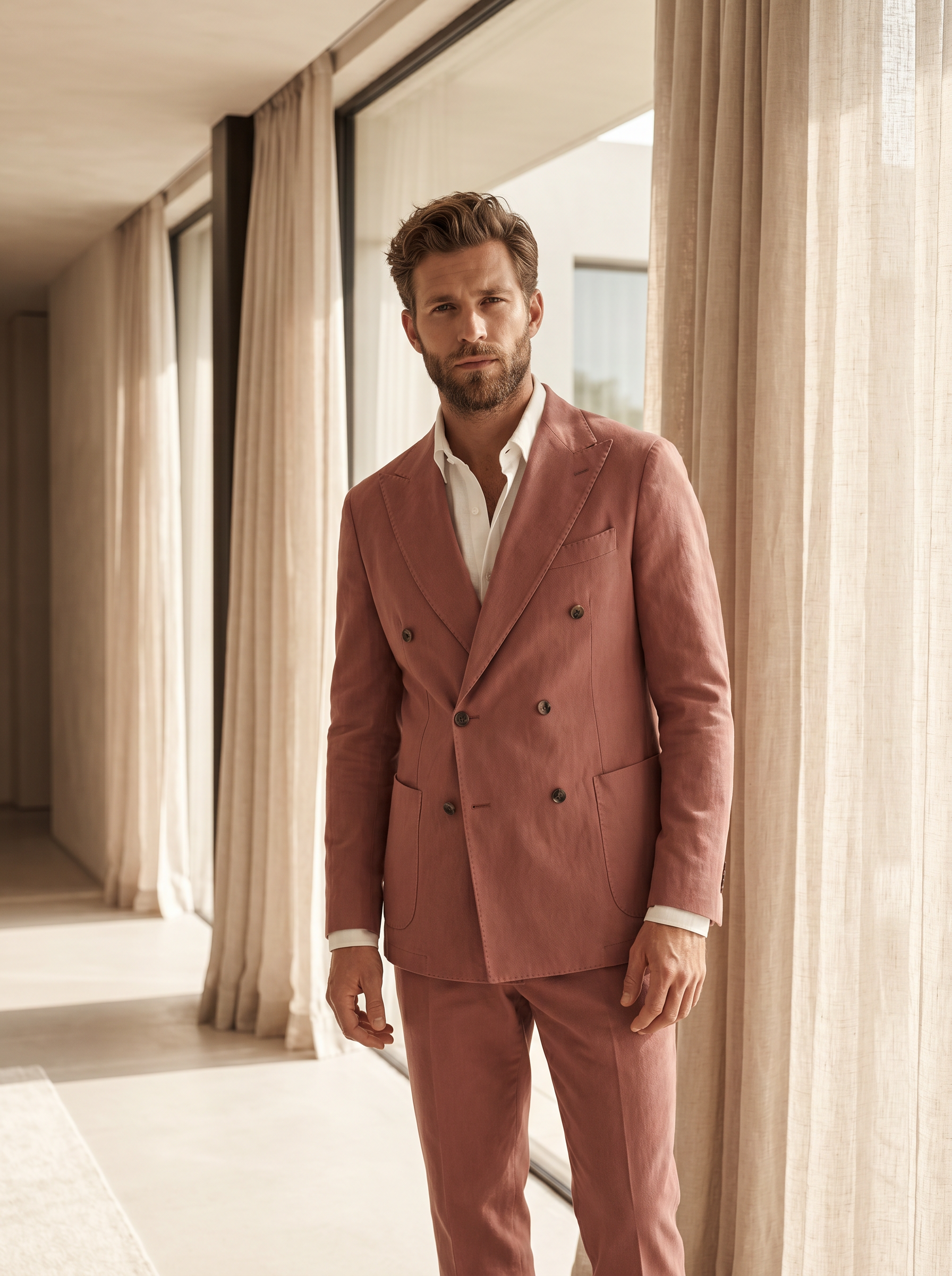 Dusty Rose Cotton Double Breasted Suit — Custom Made to Measure - front view