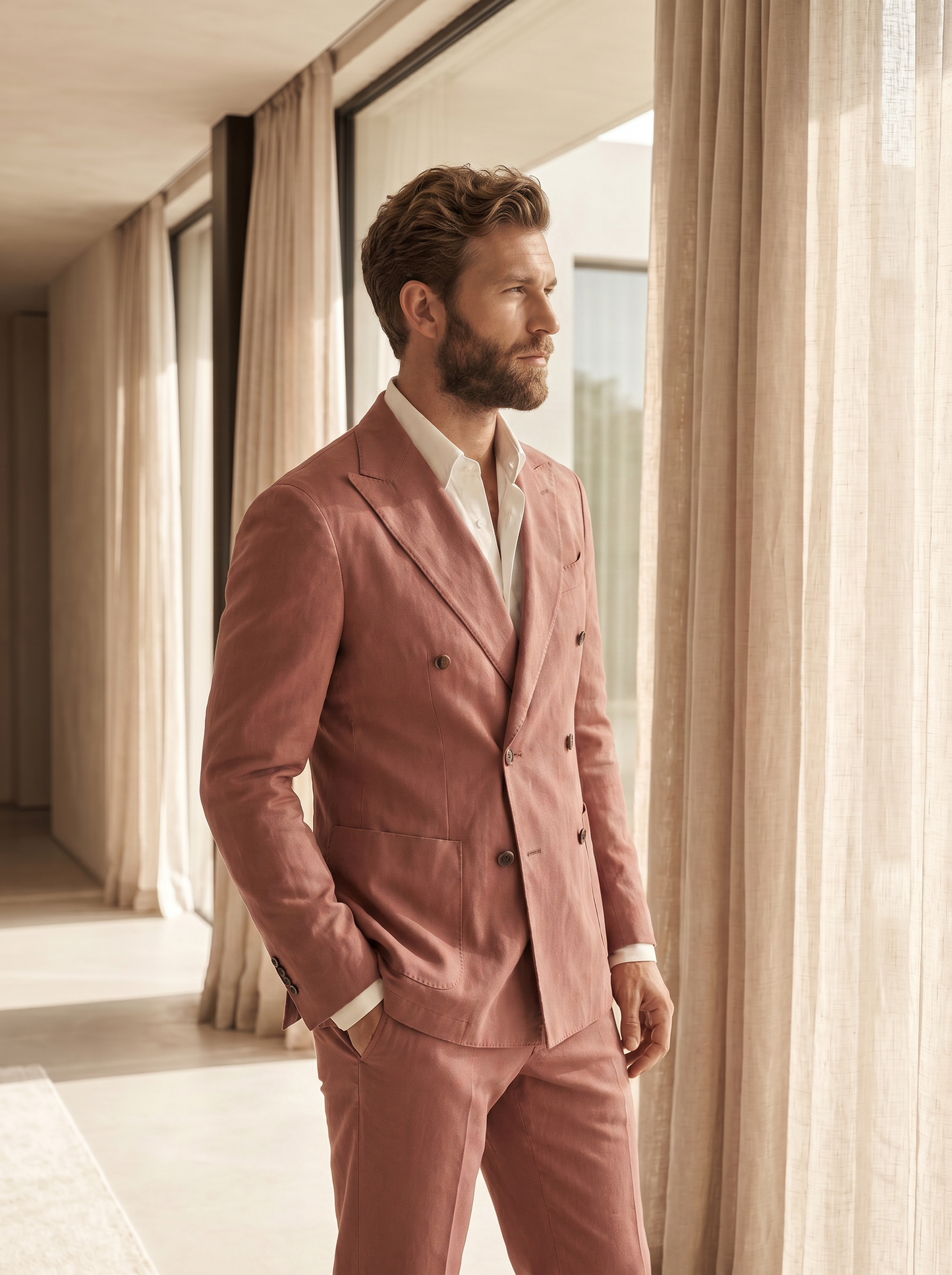 Dusty Rose Cotton Double Breasted Suit — Custom Made to Measure - side view