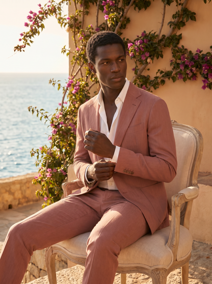 Dusty Rose Cotton Graduation Suit — Custom Made to Measure - seated view