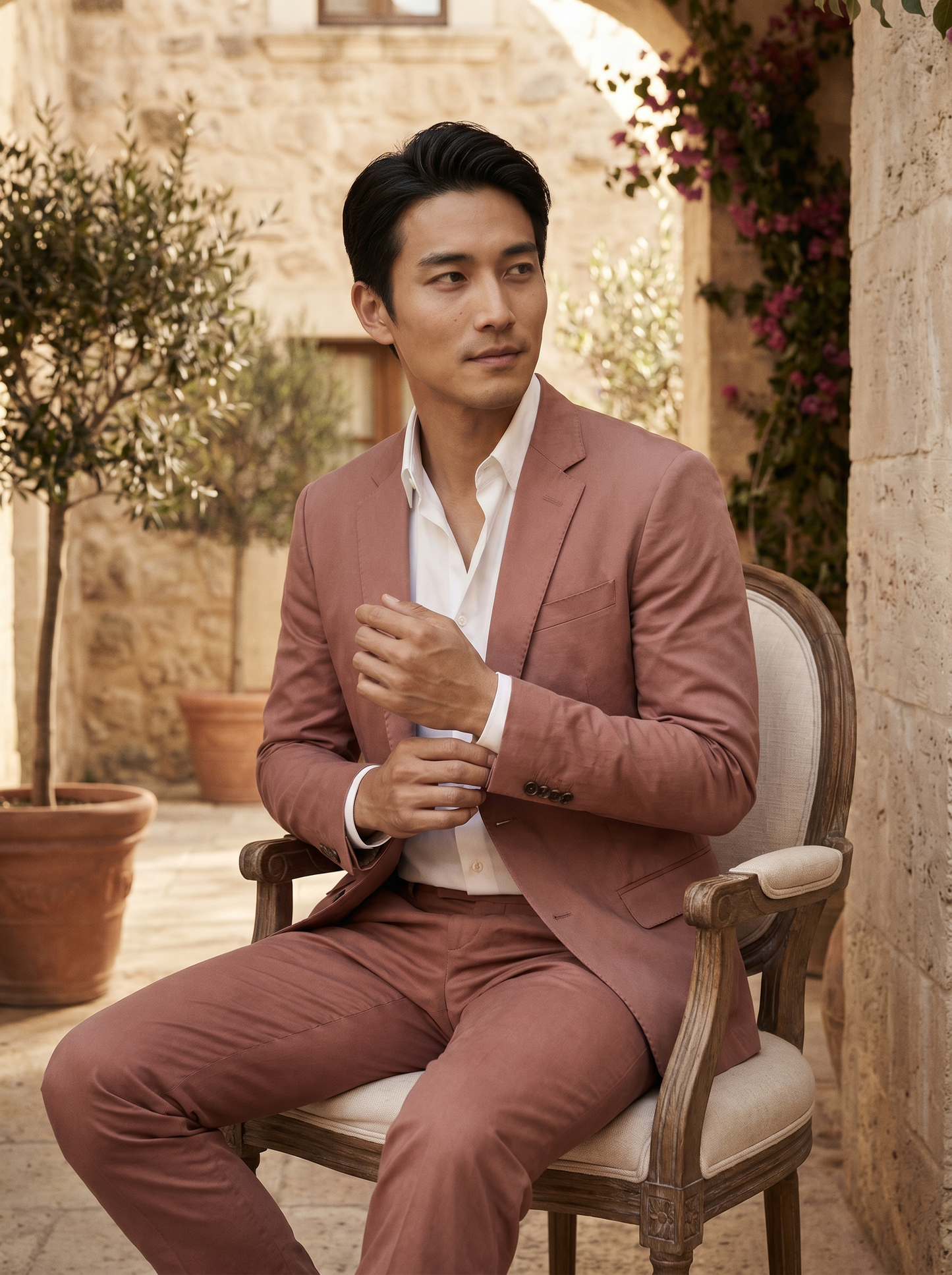 Dusty Rose Cotton Groomsmen Suit — Custom Made to Measure - seated view