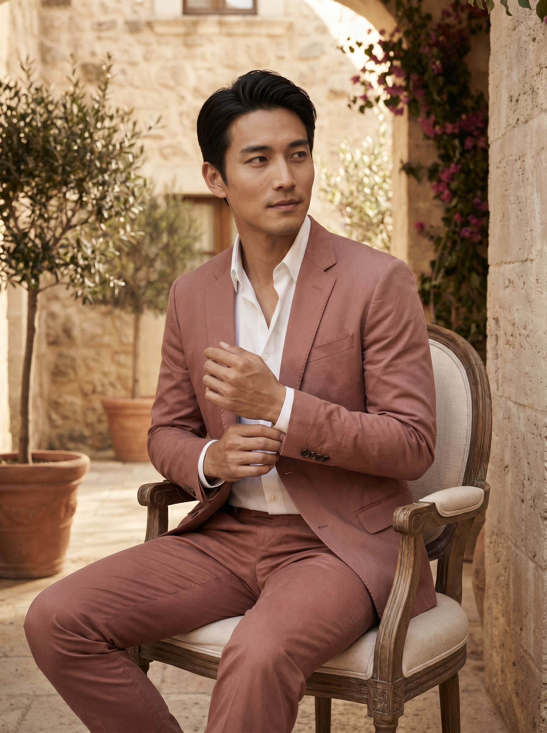 Dusty Rose Cotton Groomsmen Suit — Custom Made to Measure - seated view