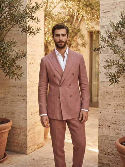 Dusty Rose Linen Double Breasted Suit — Custom Made to Measure - front view