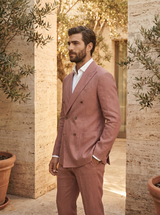 Dusty Rose Linen Double Breasted Suit — Custom Made to Measure - side view