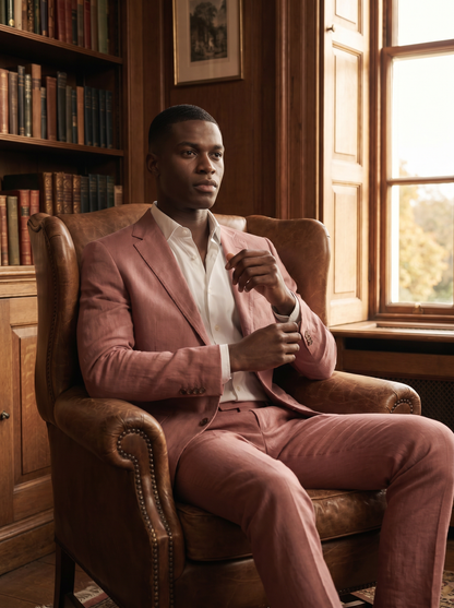 Dusty Rose Linen Groomsmen Suit — Custom Made to Measure - seated view