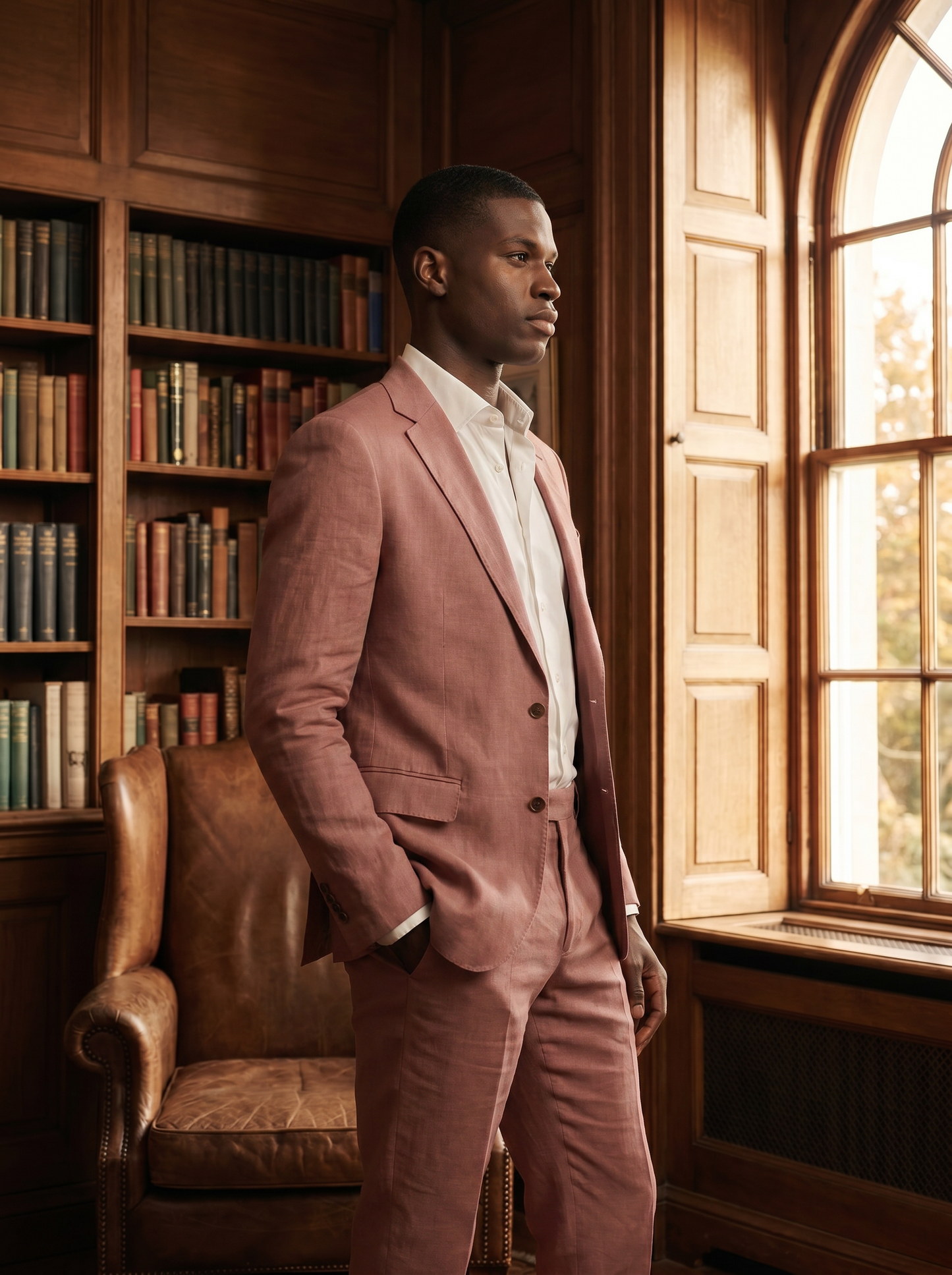 Dusty Rose Linen Groomsmen Suit — Custom Made to Measure - side view