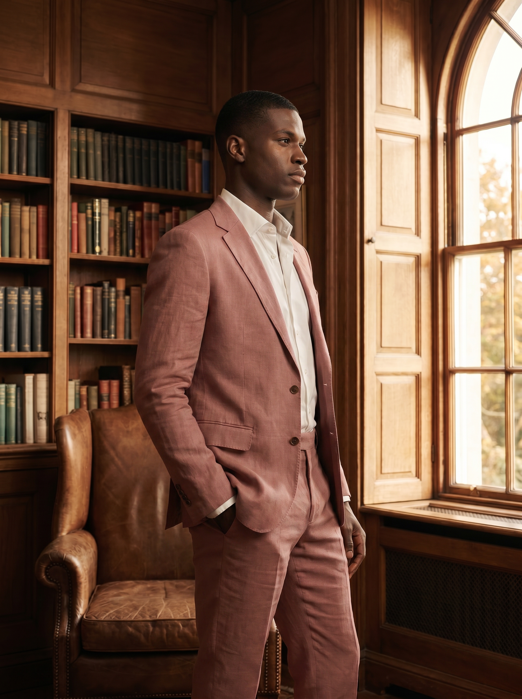 Dusty Rose Linen Groomsmen Suit — Custom Made to Measure - side view