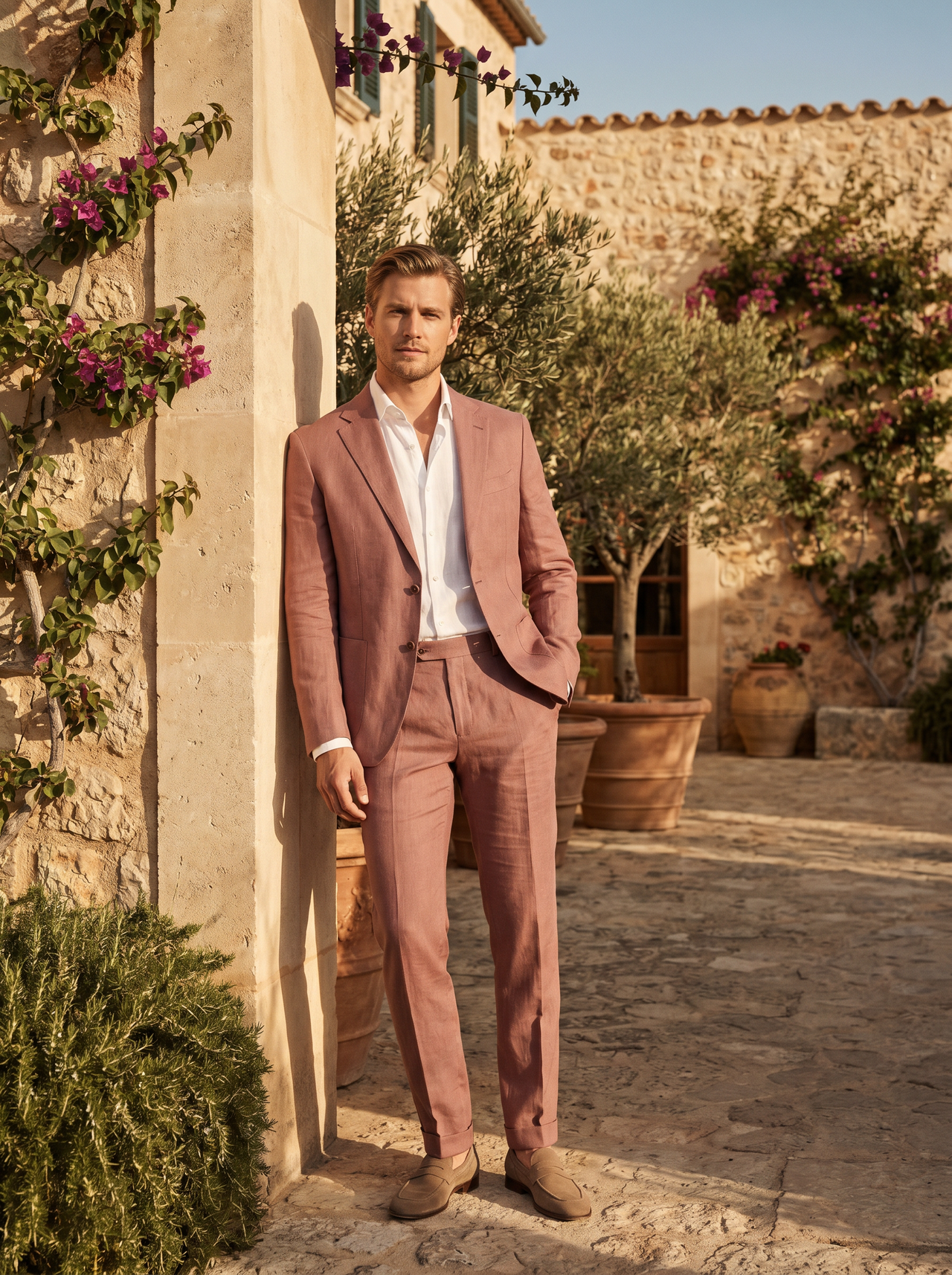 Dusty Rose Linen Suit — Custom Made to Measure - front view