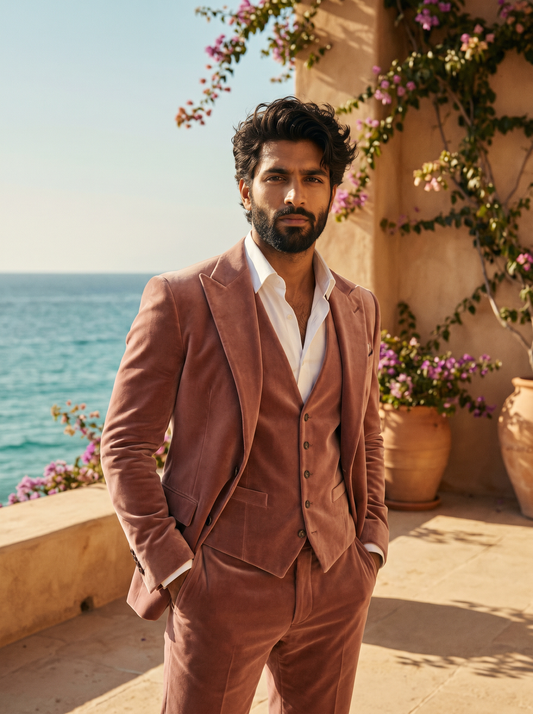 Dusty Rose Velvet 3-Piece Suit — Custom Made to Measure - front view