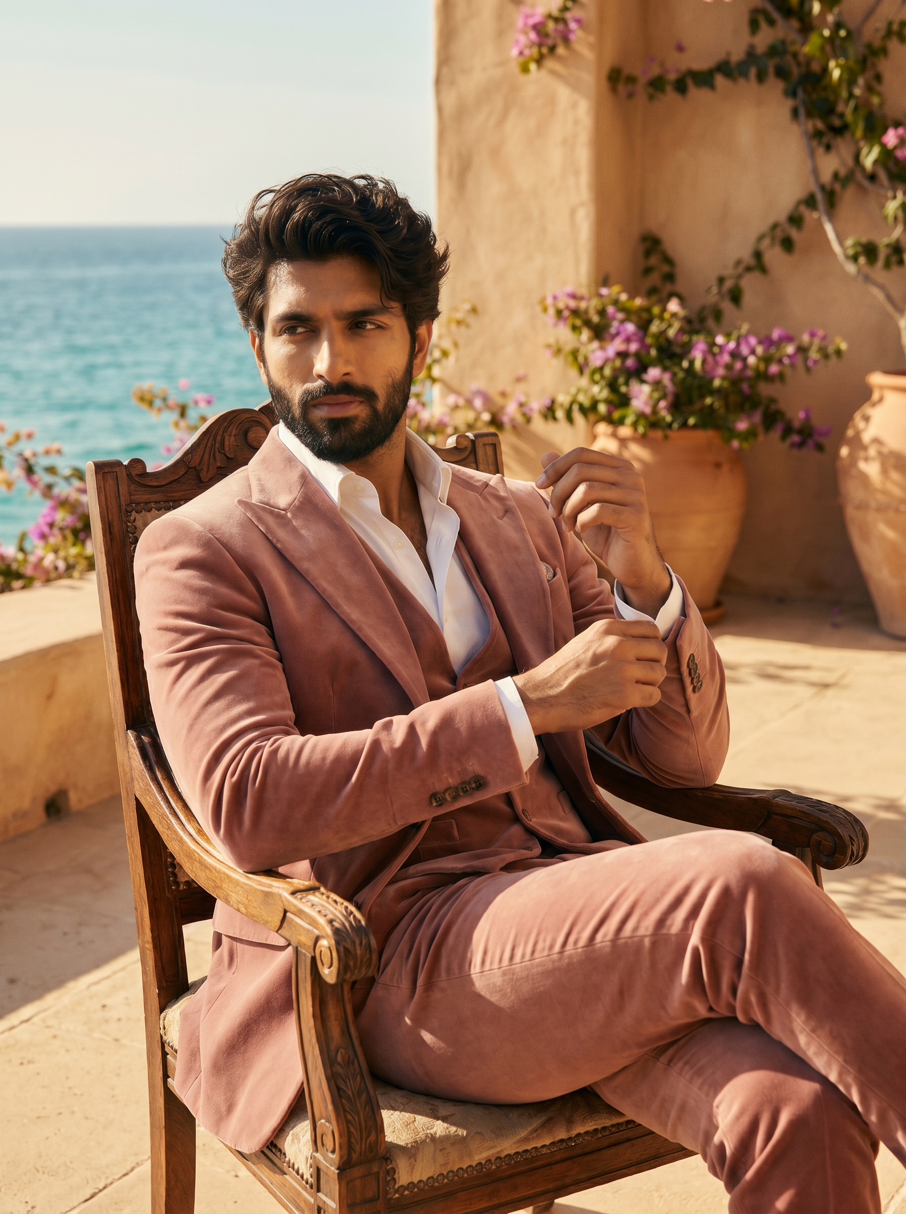 Dusty Rose Velvet 3-Piece Suit — Custom Made to Measure - seated view