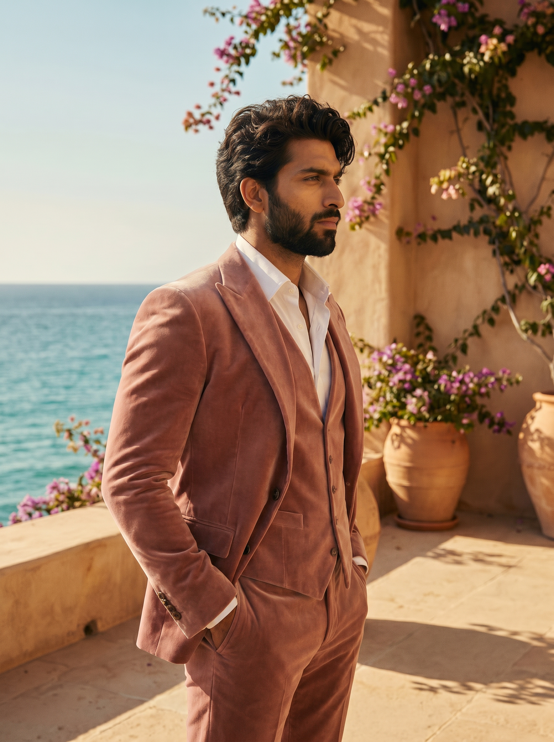 Dusty Rose Velvet 3-Piece Suit — Custom Made to Measure - side view