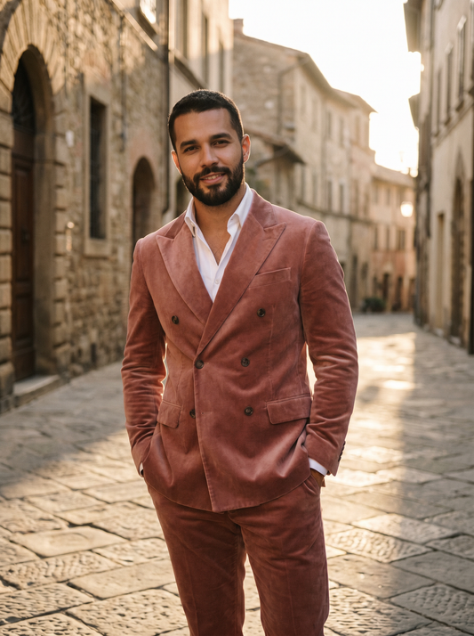 Dusty Rose Velvet Double Breasted Suit — Custom Made to Measure - front view