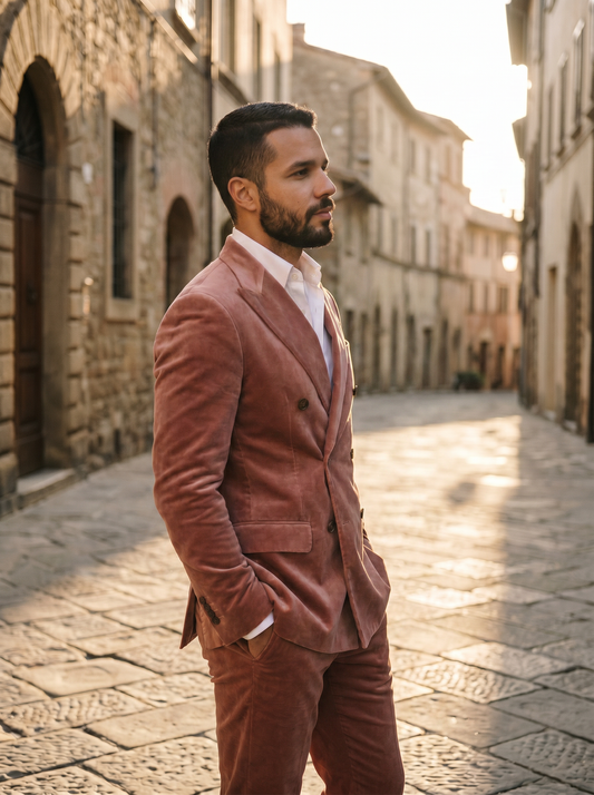 Dusty Rose Velvet Double Breasted Suit — Custom Made to Measure - side view