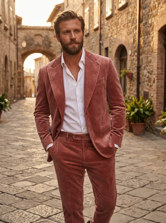 Dusty Rose Velvet Groomsmen Suit — Custom Made to Measure - front view