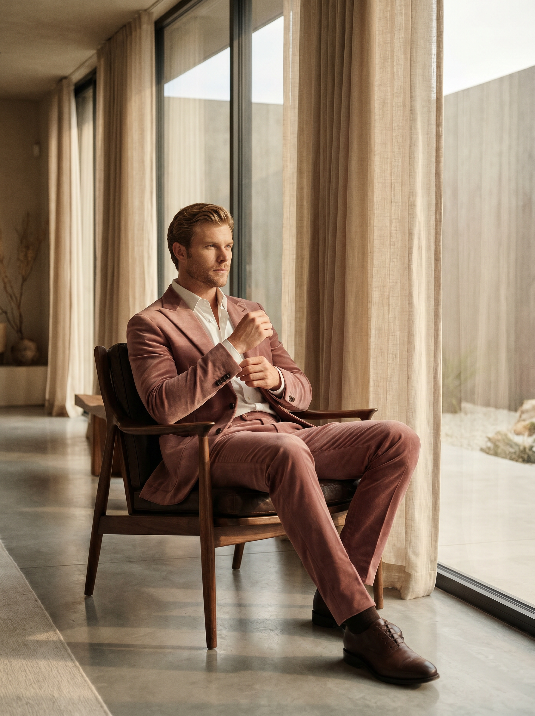 Dusty Rose Velvet Suit — Custom Made to Measure - seated view
