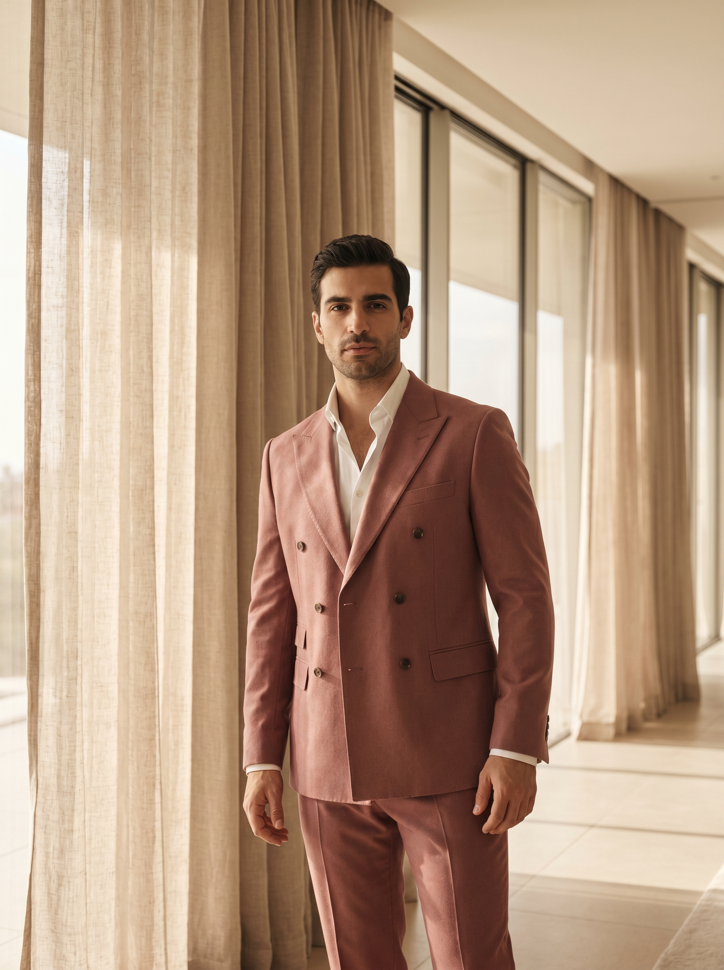 Dusty Rose Wool Double Breasted Suit — Custom Made to Measure - front view