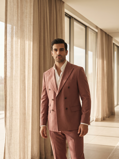 Dusty Rose Wool Double Breasted Suit — Custom Made to Measure - front view