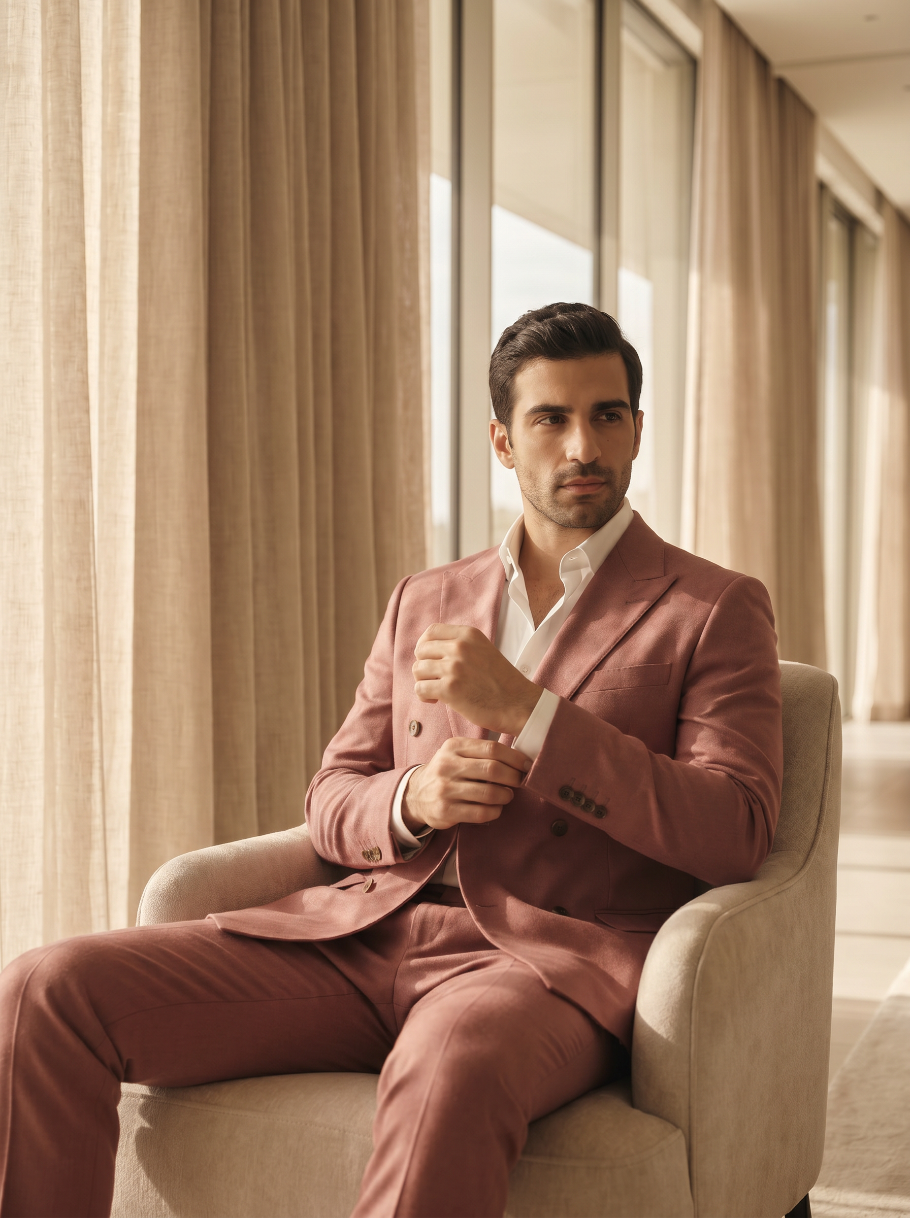 Dusty Rose Wool Double Breasted Suit — Custom Made to Measure - seated view