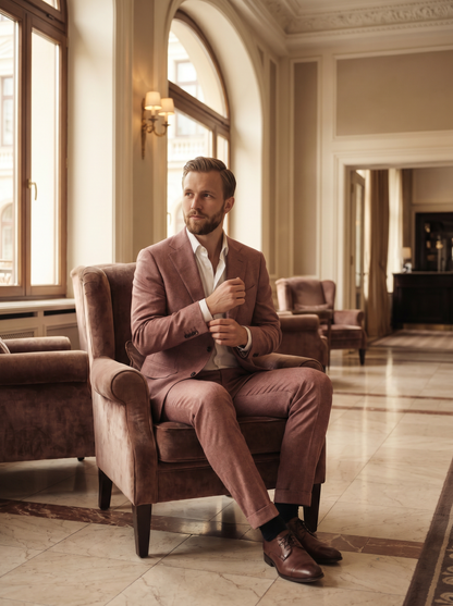 Dusty Rose Wool Suit — Custom Made to Measure - seated view