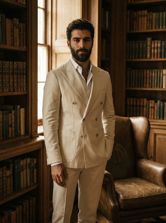 Ecru Cotton Double Breasted Suit — Custom Made to Measure - front view
